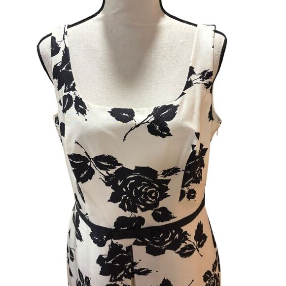 Ann Taylor Silk Midi-Dress White with Black Floral Print Line Pleated Front 12P - Picture 2 of 10